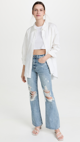 flare jeans crop top oversized button down heels 282x500 1