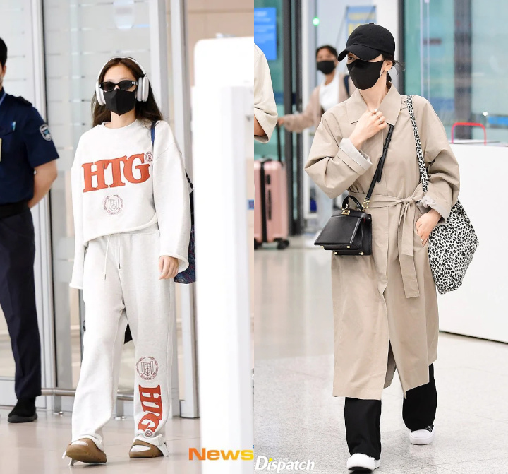 شوهد كل من جيني بلاكبينك و سونغ هاي كيو في المطار الكوري بعد الانتهاء من جداولهما في فرنسا. أسلوبهم في الموضة مختلف تمامًا.