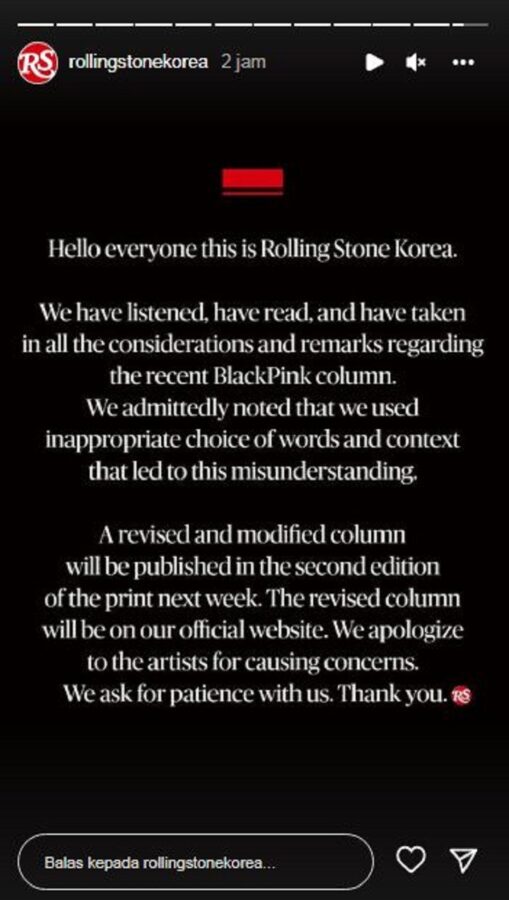 تلقت مجلة رولينج ستون الكورية مؤخرًا الكثير من الانتقادات لكونها لا تحترم جيسو وليسا من بلاك بينك . بعد توجيه انتقادات ، قدموا أخيرًا اعتذارهم الرسمي يوم الثلاثاء (12/7).