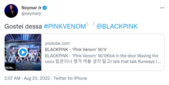 بمجرد إصدار "Pink Venom" في التاسع عشر من أغسطس ، تم توجيه الكثير من الاهتمام على الفور إلى BLACK PINK . آخر مرة كانت فيها العودة في عام 2020 ، من المؤكد أن أحدث أعمال جيسو كانت تنتظر منذ فترة طويلة من قبل العديد من المعجبين. ومن الشخصيات الشهيرة التي أعربت عن حماستها للمجموعة لاعب كرة القدم نيمار جونيور.
