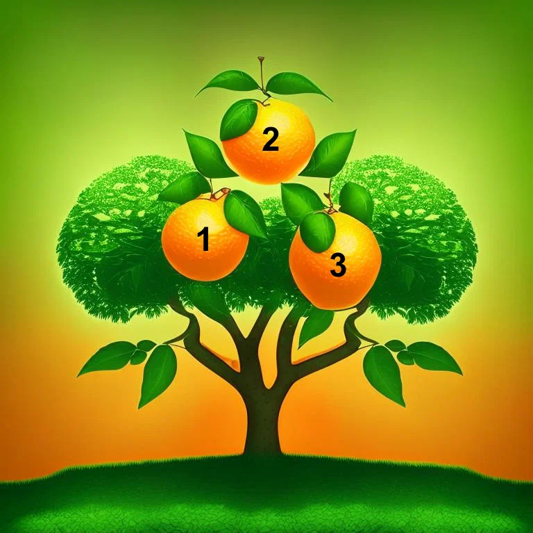 ترى في الصورة ثلاثة برتقالات متطابقة ومثيرة وحلوة معلقة على شجرة. تعتمد التنبؤات على موقعهم على الشجرة. اختر البرتقال الذي ترغب في قطفه وتناوله.